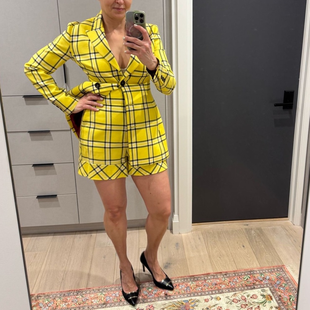 Sara Battaglia Yellow Plaid Blazer And Shorts